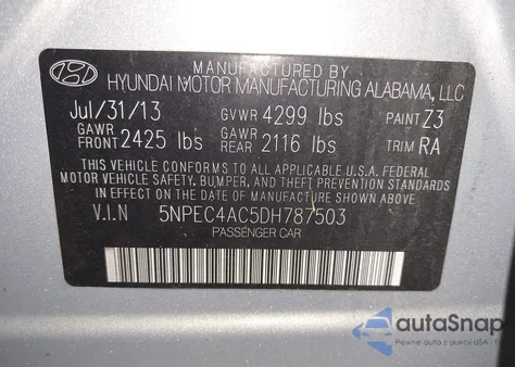 2013 Hyundai Sonata Se/Limited z USA, uszkodzony, nr VIN 5NPEC4AC5DH787503